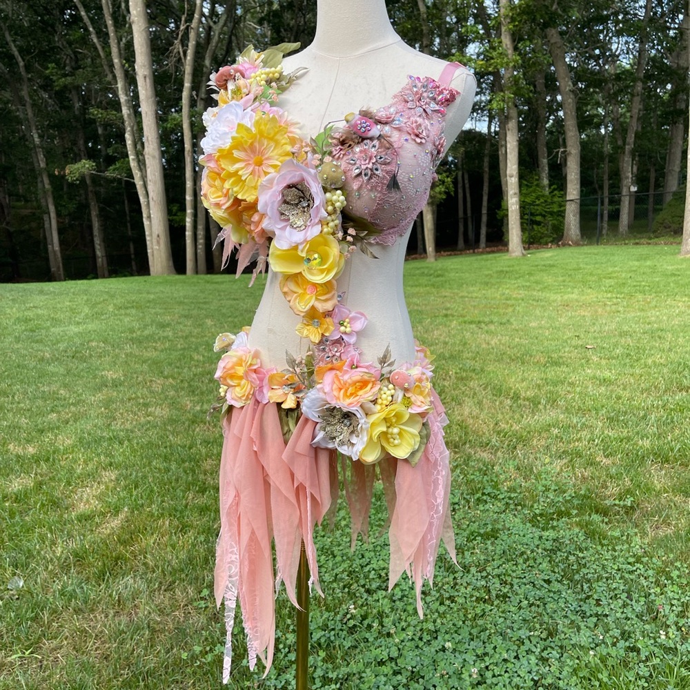 Floral Embellished Pink and Yellow Rose Fairy Monokini Dress Costume - Picture 3 of 8